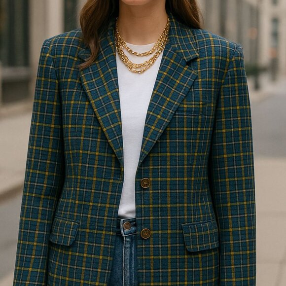 Ellen Tracy VTG Wool Blazer Jacket 6 Navy Chartreuse Micro Tartan Plaid Classic - Picture 1 of 10